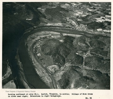 'Looking northeast at mile 95.1. Lurich, Virginia, in middle; village of Rich Creek on river near right; Peterstown in right background.'