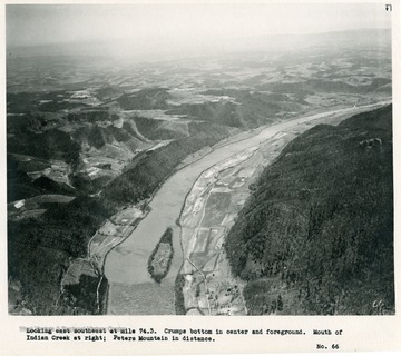 'Looking east southeast at mile 74.3.  Crumps Bottom in center and foreground.  Mouth of Indian Creek at right; Peters Mountain in distance.'