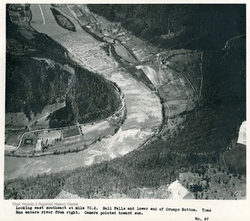 'Looking east southeast at mile 73.2.  Bull Falls and lower end of Crumps Bottom.  Toms Run enters river from right.  Camera pointed toward sun.'