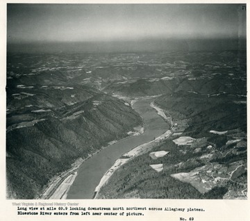 'Long view at mile 69.9 looking downstream north northwest across Allegheny plateau.  Bluestone River enters from left near center of picture.'