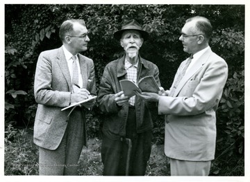 'William Hornsby (center) being interviewed by Rene Zabeau (left) and Glen Armstrong, Educ. Dir. W. Va. SFL.'