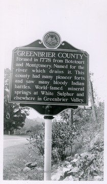 "Formed in 1778 from Botetourt and Mongomery.  named for the river which drains it.  This county had many pioneer forts and saw many bloody Indian battles.  World-famed mineral springs at White Sulphur and elsewhere in Greenbrier Valley."