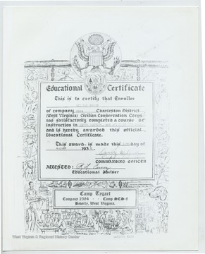 Certificate reads 'This is to certify that Enrollee William Moore of the company 2584 Charleston District (West Virginia) Civilian Conservation Corps has satisfactorily completed a course of instruction in Truck Driving and Rules of the Road and is hereby awarded this official Educational Certificate. This award is made this 18th day of August 1936.' Commanding Officer: Orville W. Rice Accessed: R.L Curry (Educational Adviser) Camp Tygart, Company 2584, Camp SCS8 Beverly, W.Va.