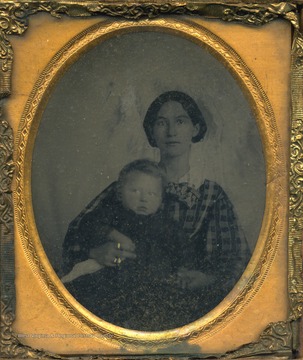 Cased portrait of Eliza Peters, wife of J. M. Byrnside, holding an unidentified small child.