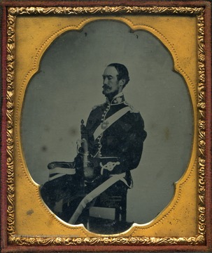 An ambrotype portrait of Nathaniel Alcock Bailee [Baillie] dressed in an unidentified uniform. Bailee was a chief civil engineer during the construction of the Chesapeake & Ohio Railroad in the Kanawha Valley, ca. 1867-1873.