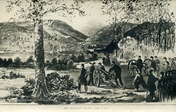 The battle at Philippi was the first land engagement of the Civil War and took place on June 3, 1861. In foreground, Federal artillery firing brass six pounders from Talbott Hill, now the site of Alderson Broaddus College. Center, left, Kelley on horseback leading his men into the town. Center, cavalry tents: Confederate cavalry leaving for Beverly. Hill in distance, Milroy's troops firing on retreating Confederates who are returning fire from the Beverly-Fairmont Pike. Center, right, Covered Bridge crossing Tygart's Valley River. See original for correspondence. (From postcard collection legacy system.)