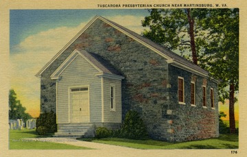This historic old church was built prior to 1745 by Scotch Irish Presbyterians. The first pastor, Reverend Hugh Vance, is buried here. During the days of the Indian Uprisings the worshippers hung their guns on pegs in the wall while they sang and prayed. Published by Marken and Bielfield Incorporated. (From postcard collection legacy system.)