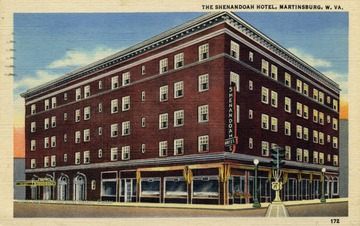 Caption on postcard reads: "This splendid hotel, located in the heart of Martinsburg, West Virginia, the gateway to the Shenandoah Valley, is directly on U.S. 11. It is a modern fireproof hotel and favorably known to all who have enjoyed its courtesies and hospitality." Published by Marken &amp; Bielfeld. (From postcard collection legacy system.)