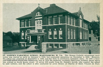 Caption on postcard reads: "This Roman Catholic educational institution was started as early as January 1, 1838, but suspended operations on November 4, 1841. However, the school was reopened on September 4, 1883, and has been in continuous operation since. In 1905 a four year high school course was introduced and in 1913 the modernly equipped eight room building shown above was erected on South Queen street. It serves 250 pupils from St. Joseph's parish, who support the school by paid tuitions, and the school is ably conducted by seven Sisters of Charity of Saint Vincent de Paul." Published by Shenandoah Publishing House. (From postcard collection legacy system.)