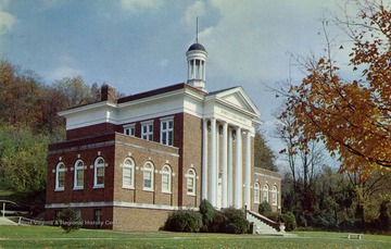 Caption on postcard reads: "Library constructed in 1930; named in honor of a former President of the College. Glenville State College, Home of the Pioneers, is the most centrally located college in West Virginia." Published by Glenville State College Bookstore. (From postcard collection legacy system.)