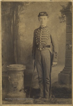 Bernard Carroll Alderson, dressed in his West Virginia University Cadet uniform. Born at Alderson, W. Va., 1970; A. B. 1889; A. M. 1896; Assistant in Ancient Languages, West Virginia University, 1890-1892; Professor of Latin and Greek, ibid, 1893-1895; graduate student and reader in Greek, University of Chicago, 1892-1893 and 1895-1896; teacher in city schools, Roswell, New Mexico, 1899-1900; principal of Alderson Academy 1901 to present time. 