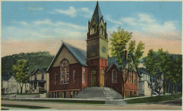 Colored drawing depicting the church building and grounds. Published by Beckley News Co. of Beckley, W. Va.