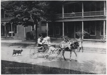 A man and two children are pulled down Temple Street during the parade. Subjects unidentified. 