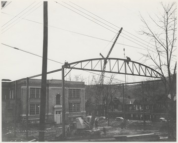 Construction workers at the site of the Hinton High School gymnasium. Subjects unidentified. 