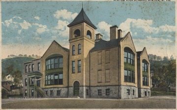 Postcard drawing of the old high school building. Postmarked September 25, 1920. See original for correspondence. 