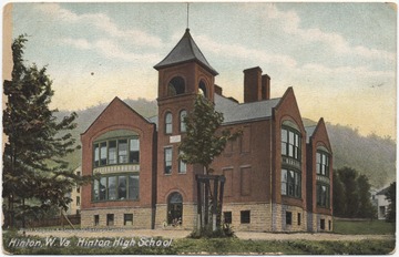 Postcard drawing of the old high school building. See original for correspondence.Published by Hugh C. Leighton Co.