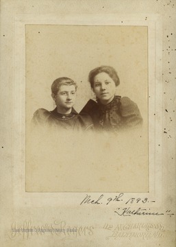 A photo from a photograph album of late nineteenth century images featuring residents from Keyser, W. Va. One of the women is identified as "Katherine," though it is unclear which one.