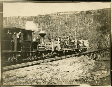 This image is part of the Thompson Family of Canaan Valley Collection. The Thompson family played a large role in the timber industry of Tucker County during the 1800s, and later prospered in the region as farmers, business owners, and prominent members of the Canaan Valley community.The Babcock Lumber and Boom Co. locomotive next to bridge crossing over W.M.