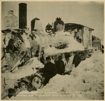 This image is part of the Thompson Family of Canaan Valley Collection. The Thompson family played a large role in the timber industry of Tucker Country during the 1800s, and later prospered in the region as farmers, business owners, and prominent members of the Canaan Valley community.The snow encased train engine was traveling between Thomas and Davis between February 1st and 4th, 1908.