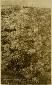 This image is part of the Thompson Family of Canaan Valley Collection. The Thompson family played a large role in the timber industry of Tucker County during the 1800s, and later prospered in the region as farmers, business owners, and prominent members of the Canaan Valley community.The image shows a bleak looking view of "Blackwater Canyon after logging and before fire" with logging machines in the background on top of a mountain.
