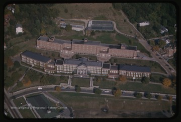 Aerial photograph of buildings now known as Stalnaker Hall and Dadisman Hall. 