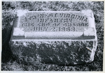 Detail of Seventh Monument at Foot of Cemetery Ridge. Gettysburg National Military Park.  Monument reads "7th West Virginia Infantry The End of Charge July 2, 1863." Image from 1965 thesis, "The Seventh West Virginia Volunteer Infantry 1861-1865"