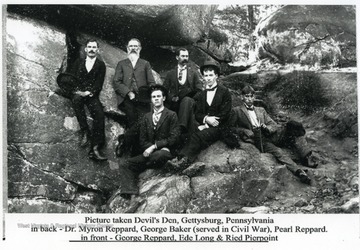 Devil's Den, Gettysburg, PA.Left to right:Back row: Dr. Myron Reppard, George Baker (served in Civil War), Pearl Reppard.Front Row: George Reppard, Ede Long, Ried Pierpoint