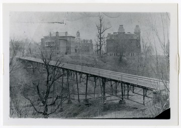 A view of the Beverly Avenue Viaduct, also known as the Falling Run Bridge, looking toward the WVU campus. Beverly Avenue is now known as University Avenue.