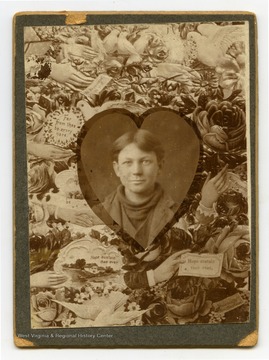 Boy pictured in center inside heart with quotes surrounding: "All Happiness to you," "Far from thee be every care," "Hope sustain thee ever," and "Have kindly thoughts of me."