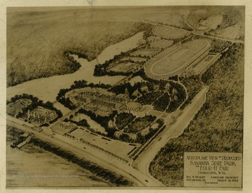 "Aeroplane View of Proposed Kanawha State Park and Four-H Fair. Charleston, W. Va. Tell W. Nicolet- Landscape Architect from Pittsburgh, P.A. 