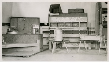 Display of pig, lamb, and chicken brooders, brooderator and chicken water warmer. Located inside Rural Electrification Building, Jackson's Mill W. Va.