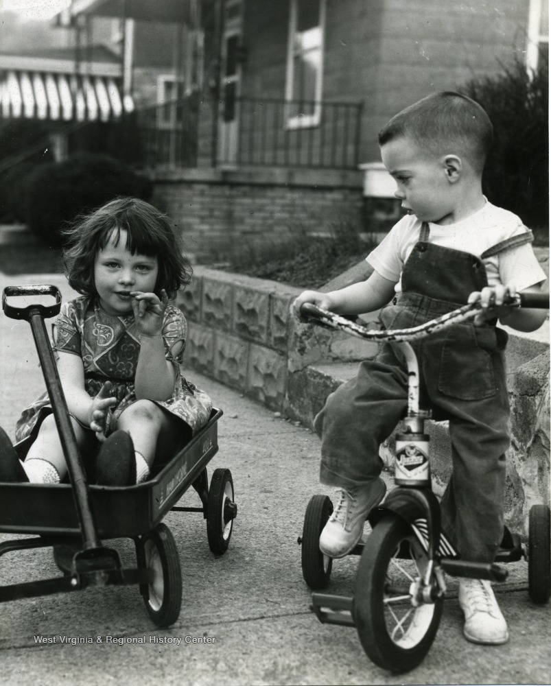 Young Boy on Tricycle and Young Girl in Wagon, Morgantown, W. Va ...