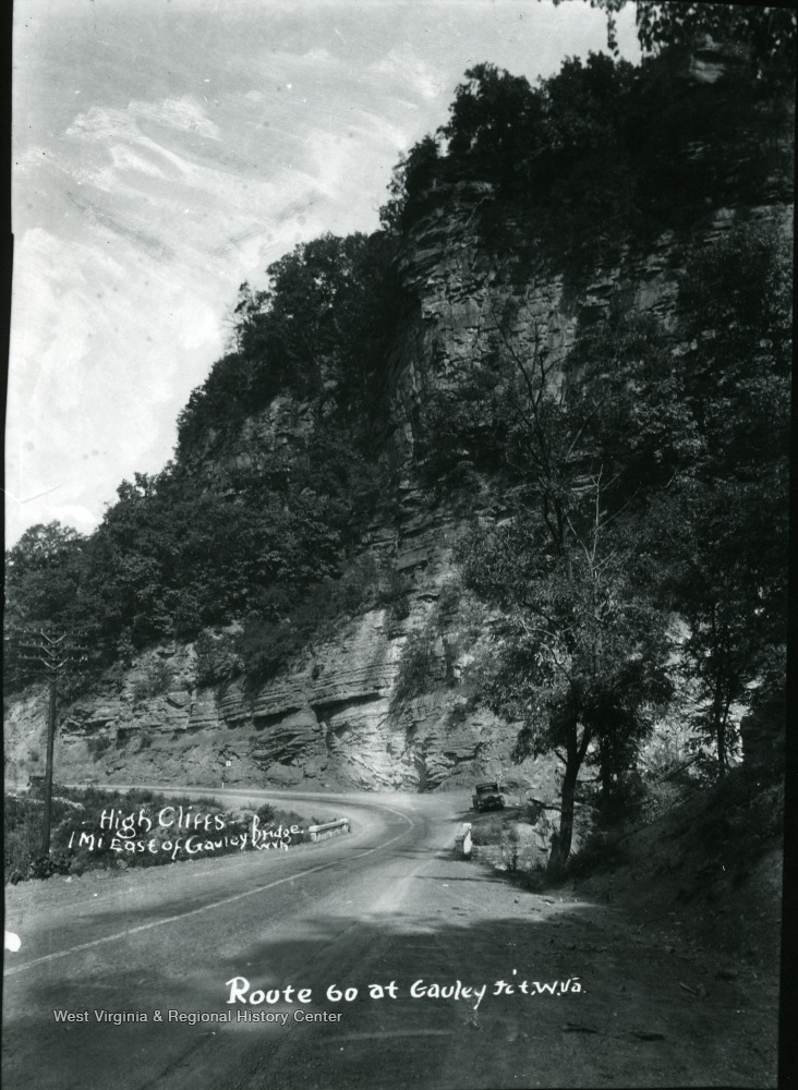 View of Route 60 at Gauley Junction. High cliffs one mile east of Gauley Bridge.