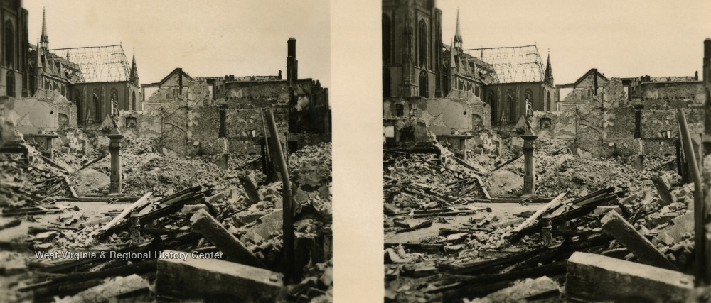 A raumbild-verlag (stereocard) of what was left of the ancient quarter and entrance to Saalgasse after Germany was bombed during World War II.