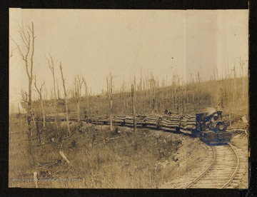 Log train passing across timbered hillside.