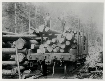 Men stand atop logs in car on tracks. Appears to be Narrow Guage.