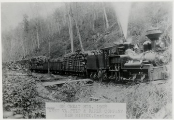 Greenbrier, Cheat and Elk Railroad No. 2 for West Virginia Pulp and Paper Co. at Cass, W. Va; Shay No. 2 on Cheat Mtn. 1908.  Bob Hivick, Engineer. 