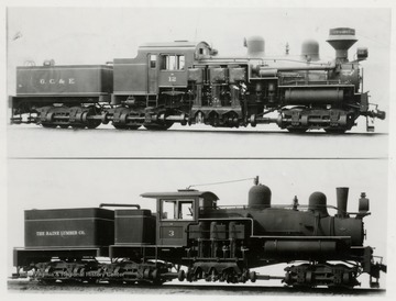Shay No. 12 of the Greenbrier, Cheat, and Elk Railroad Company (top) and Shay No. 3 of the Raine Lumber Company (bottom).