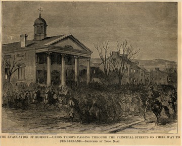Union troops passing through the principal streets on their way to Cumberland. Sketched by Thomas Nast.