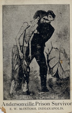 Text on back reads - This skeleton photo is a copy from a tin type that was taken by a citizen of Vicksburg, at parol camp near Vicksburg, March 28th, 1865. It was shown at the trial of Wirtz, who was hung at Washington. The soldier supporting the living skeleton is a hospital nurse. The skeleton is a correct photograph of E. W. McIntosh, Co. E. 14th Ill. Inft. He enlisted at Bloomington, April 22, 1861, mustering in May 25th, 1861, at Jacksonsville, Ill. was through 22 battles, wounded 5 times, and was catured at Ackworth, Georgia, till March 28th, 1865. He was helpless for years after he was discharged and was faithfully cared for by a loyal Christian mother. A boy's true friend is his mother.<br /><br />The skeleton shows the average condition of prisoners coming out of prison after the war was over. This goes to show what it cost to purchase the freedom the people enjoy today. Rather than to sacrifice our principles we chose death before dishonor.<br /><br />Mr. McIntosh was covered with scurvy sores till his joints would swell up. He was a mental and physical wreck, and suffers from its effect today. Mr. McIntosh weighed 175 pounds when captured; when exchanged he weighed 65 pounds and could not walk. Mr. McIntosh was on the steamer Sultana when she blew up on the 27th day of April, 1865, seven miles above Memphis. He was on his way home, and was rescued by two colored men after being 14 hours in the water. One thousand six hundred ex-prisoners out of two thousand were drowned as a result of the disaster. <br /><br />Buy one of these photographs to show your children and neighbors how our boys suffered to make every dollar you have in your business. If you buy a photograph you will help spread loyalty, and teach the truth of the land to love the soldier and flag and forever keep the flag waving on the school house.' 