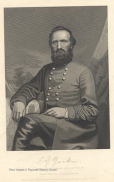 An engraved portrait of Thomas J. 'Stonewall' Jackson. The engraving is an likeness from an authentic photograph from life.