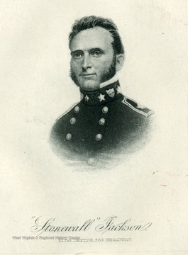 Portrait of Stonewall Jackson on the front of a card telling significant facts about his life.