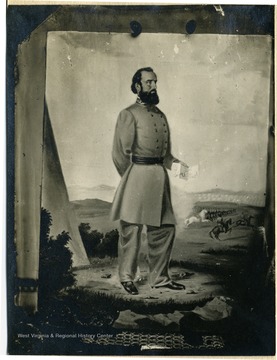 Portrait of Stonewall Jackson standing, cavalry and encampment in distant background.  