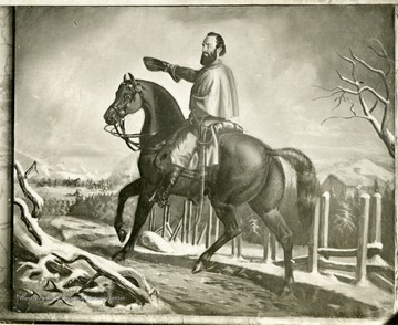 Portrait of Stonewall Jackson on a horse with his arm extended holding his cap.