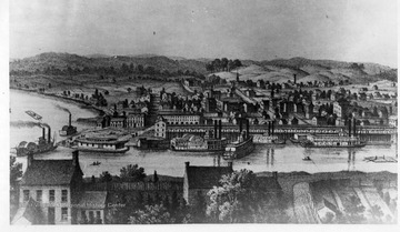 Sketch of Parkersburg during Civil War. Gateway to the interior by water and rail, it was a busy military forwarding center during the war. Terminal of the Northwestern Virginia Railroad, branch of the Baltimore and Ohio from Grafton, river port, and headquarters of the U.S. Navy tin-clad patrol boats it was a key point in the western defense. The long, low building along the river was the railroad freight station. See Boyd Stutler's 'WV in the Civil War.'