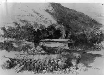 The skirmish at Middle Fork Bridge, as seen by Henri Lovie, sketch artist for 'Leslie's Weekly' who accompaned the detachment of the 3rd Ohio Infantry under Captain Lawson.  See West Virginia Collection Pamphlet 6610 and Boyd Stutler's 'WV in the Civil War.'