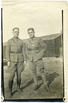 Portrait of Jarvis Offutt and Lt. Louis Bennett.  At left is Jarvis Jenness Offutt of the U.S. Air Sevice, who was temporarily attached to Number 56 Aero Squadron of the R.A.F. He was killed in an accident in France, August 13, 1918.  He was from Nebraska and a classmate of Bennett at Yale.
