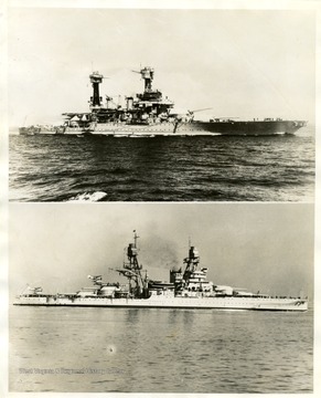The U.S.S. West Virginia and USS Oklahoma at sea.  Text on back reads 'Official U.S. Navy photographs from C941635...Watch your credit...international news photos slug West Virginia-Oklahoma' U.S. Battleships bombed by Japs.  Washington, D.C...Two U.S. Warships, the Battleships West Virginia 'Top' and Oklahoma 'Bottom', were reported damaged or sunk in the Japanese bombing attack on the Pearl Harbor, Hawaii Naval Base. G-12-7-41-9/30PM.