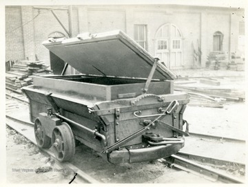 Railcar for hauling dynamite and blasting caps.