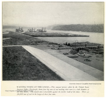 This unusual picture taken by the United States Engineer Office, Pittsburgh, shows four big tows of coal waiting their turn at a lock chamber of the Ohio River. The fourth tow is discernible against the farther bank of the river. There are 24,000 tons of coal in the barges of these four tows.